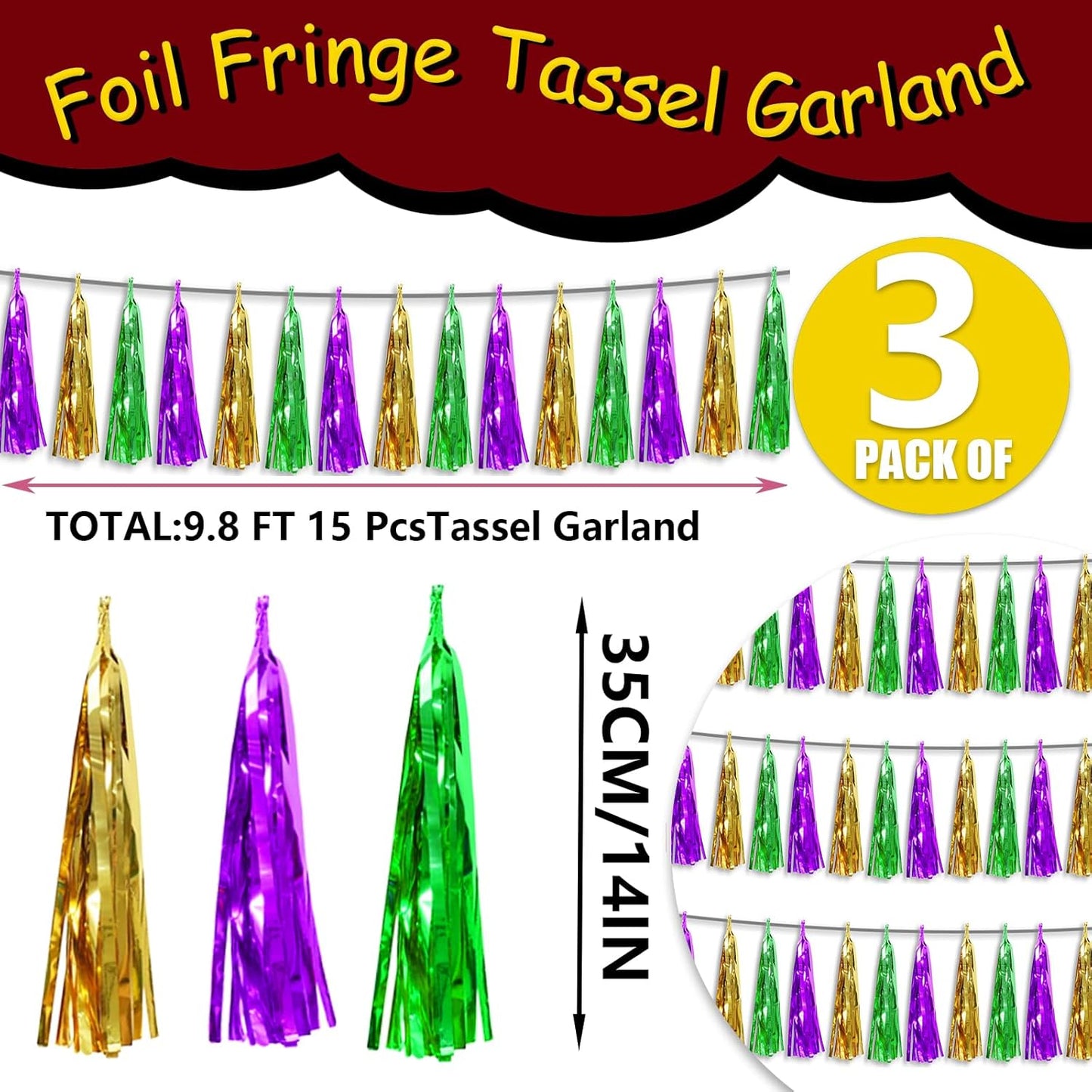 3P Metallic Fringe Tassel Banner Garland Foil Tinsel Streamer Wall Hanging Curtain Backdrop Banner for Parade Floats, Graduation, Carnival Mardi Gras Party Decorations(Gold Green Purple)