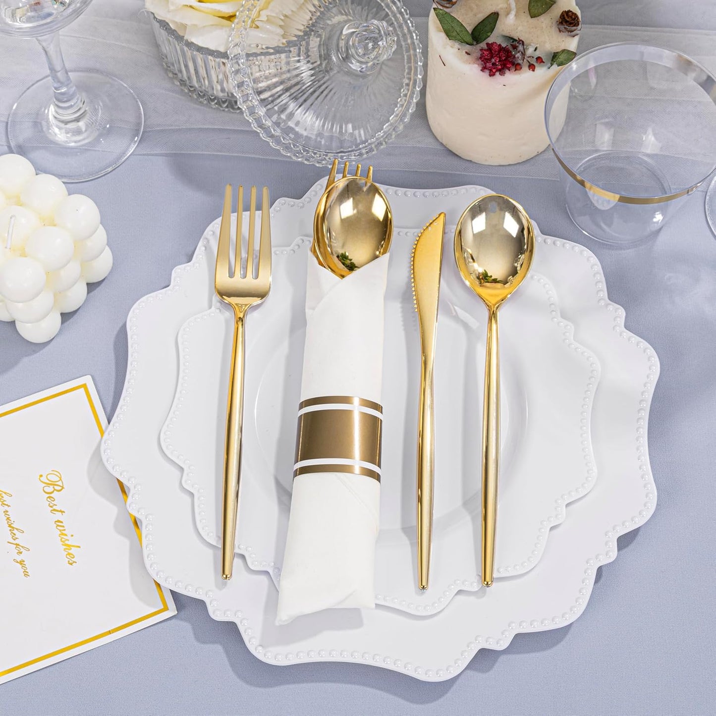 COLOSUS 350pcs White Plastic Plates Disposable Gold Cutlery Dinnerware set for party: 50 Dinner Plate, 50 Dessert Plate, 50 Per Rolled Napkins with Gold Silverware, 50 Cups 9 OZ for Wedding & Party