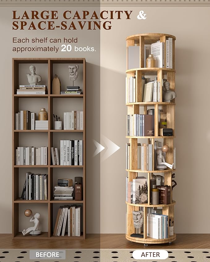6-Tier Solid Wood Rotating Bookshelf on Wheels, 360° Spinning Book Shelf Tower - Image 3