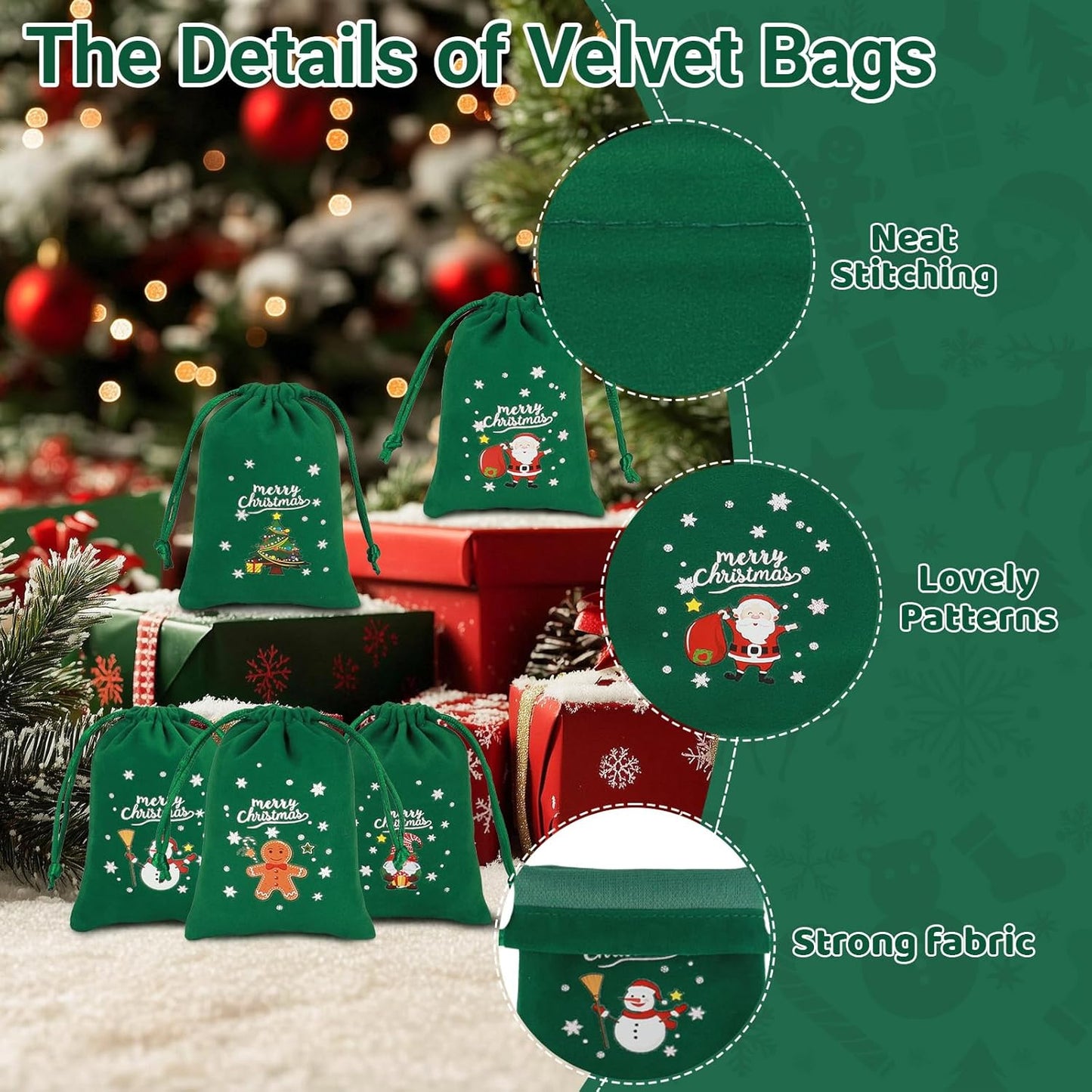 Tapleap Christmas Bags with Drawstring - 50Pcs 3x4 Green Velvet Coth for Wrapping Christmas Party Favors or Gifts for Friends, Children, Customers
