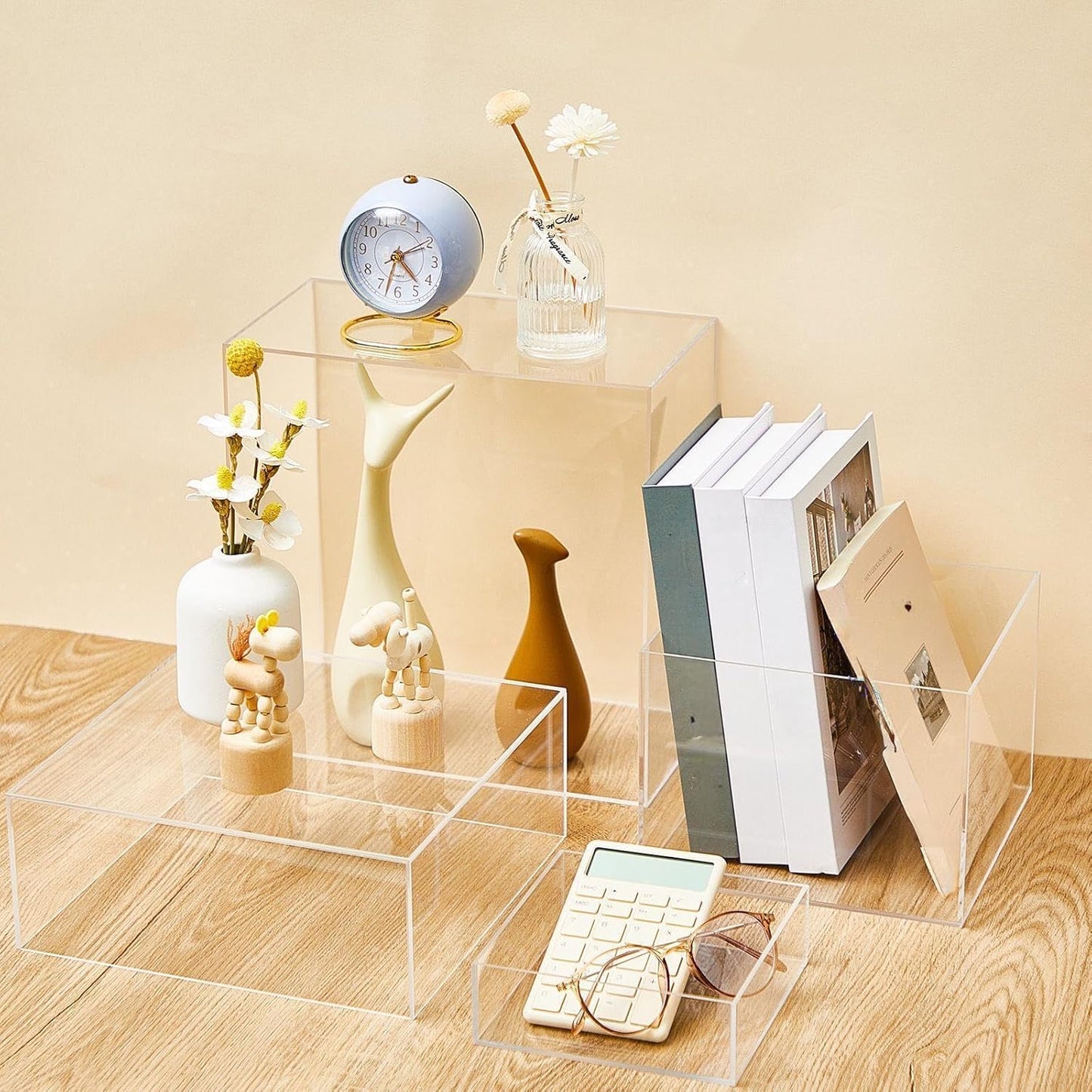 Leinuosen 7 Pcs Large Buffet Risers Set 6" to 12" Acrylic Display Box Catering Dessert Table Riser Food Display Decorative Stand with Hollow Bottom for Catering Supplies(Clear, Square)