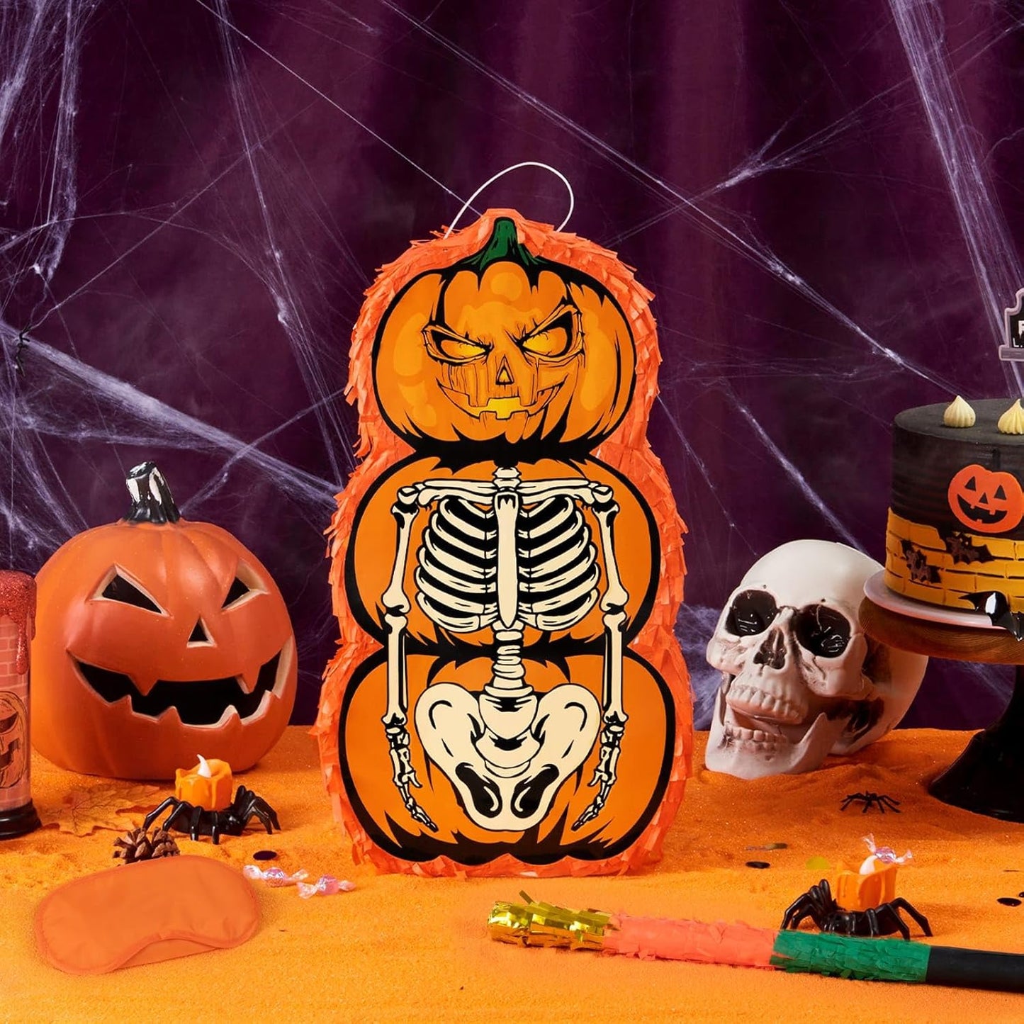 WERNNSAI Halloween Skull Piñata - Pumpkin Skull Pinata Halloween Wicked Pumpkin Party Pinata Games for Kids Weird Theme Party Jack o Lanterns Decorations with Bat Blindfold