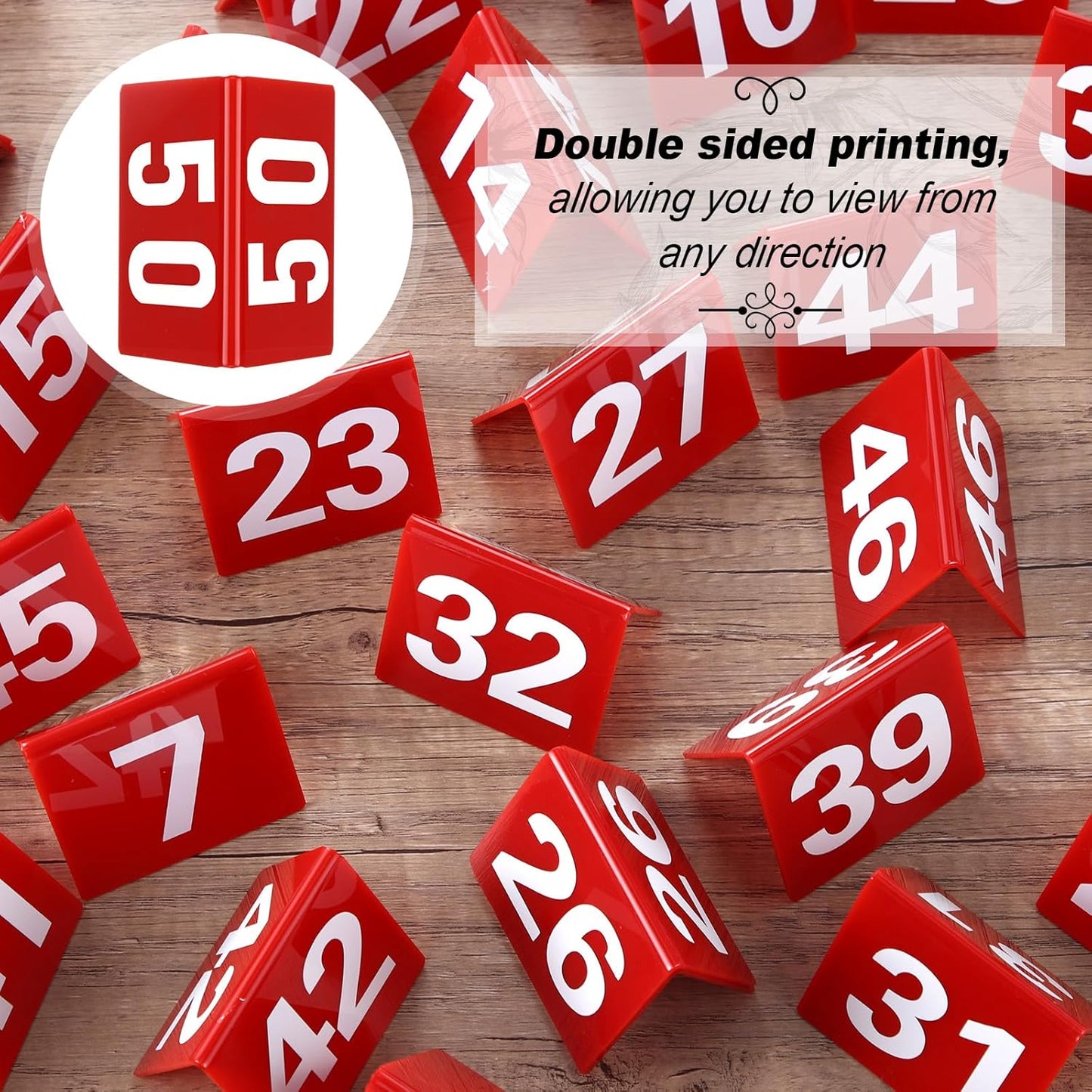 Tuanse Table Numbers 1-50 Acrylic Double Side Numbered Table Tents Restaurant Wedding Number Cards Signs for Banquets Party Wedding Reception(Red)