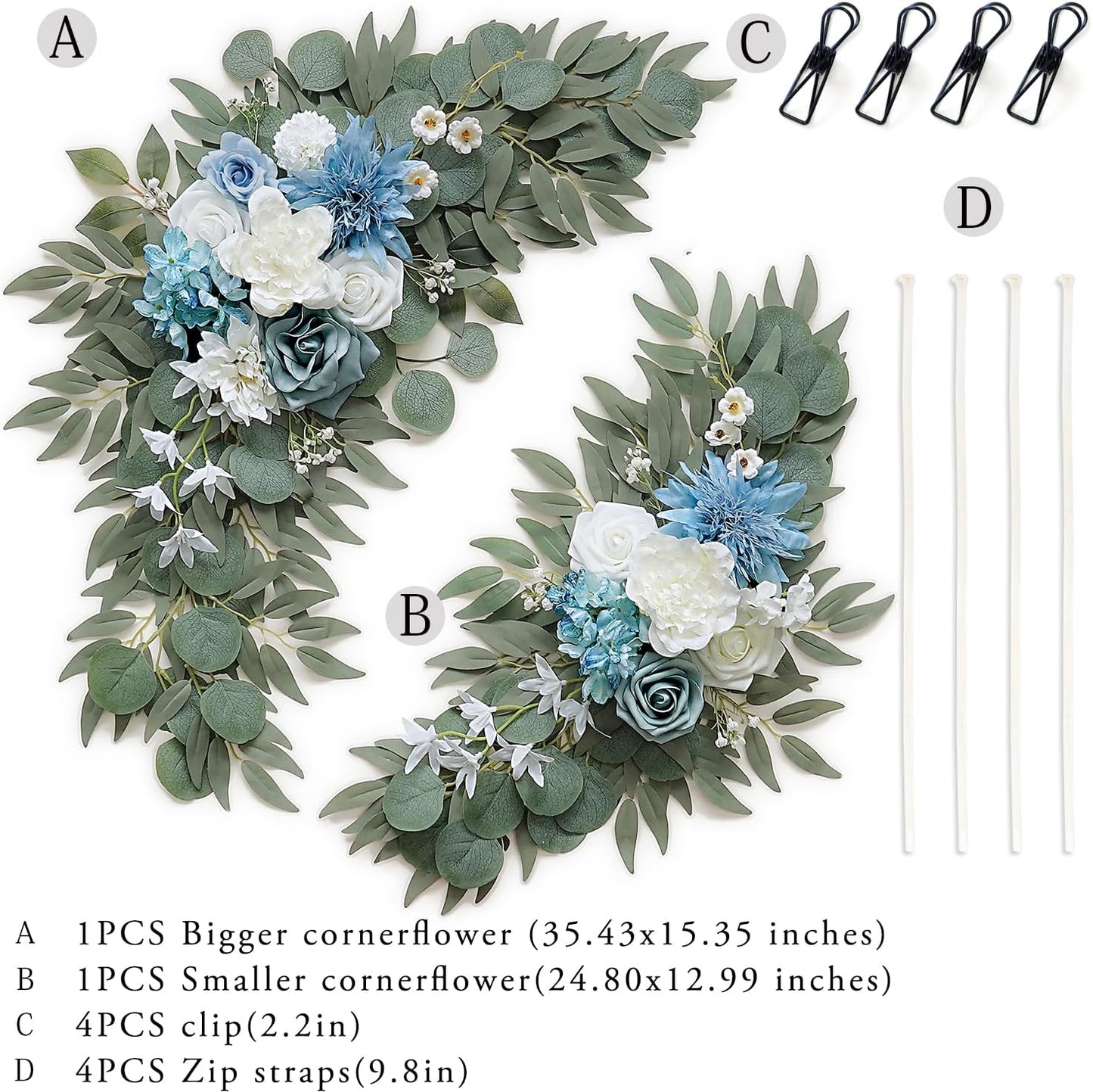 Artificial Flower Swag Set of 2 for Wedding Welcome Signs Floral Decorations, Blue Wedding Arch Flowers for Wedding Ceremony (Blue & Ivory)