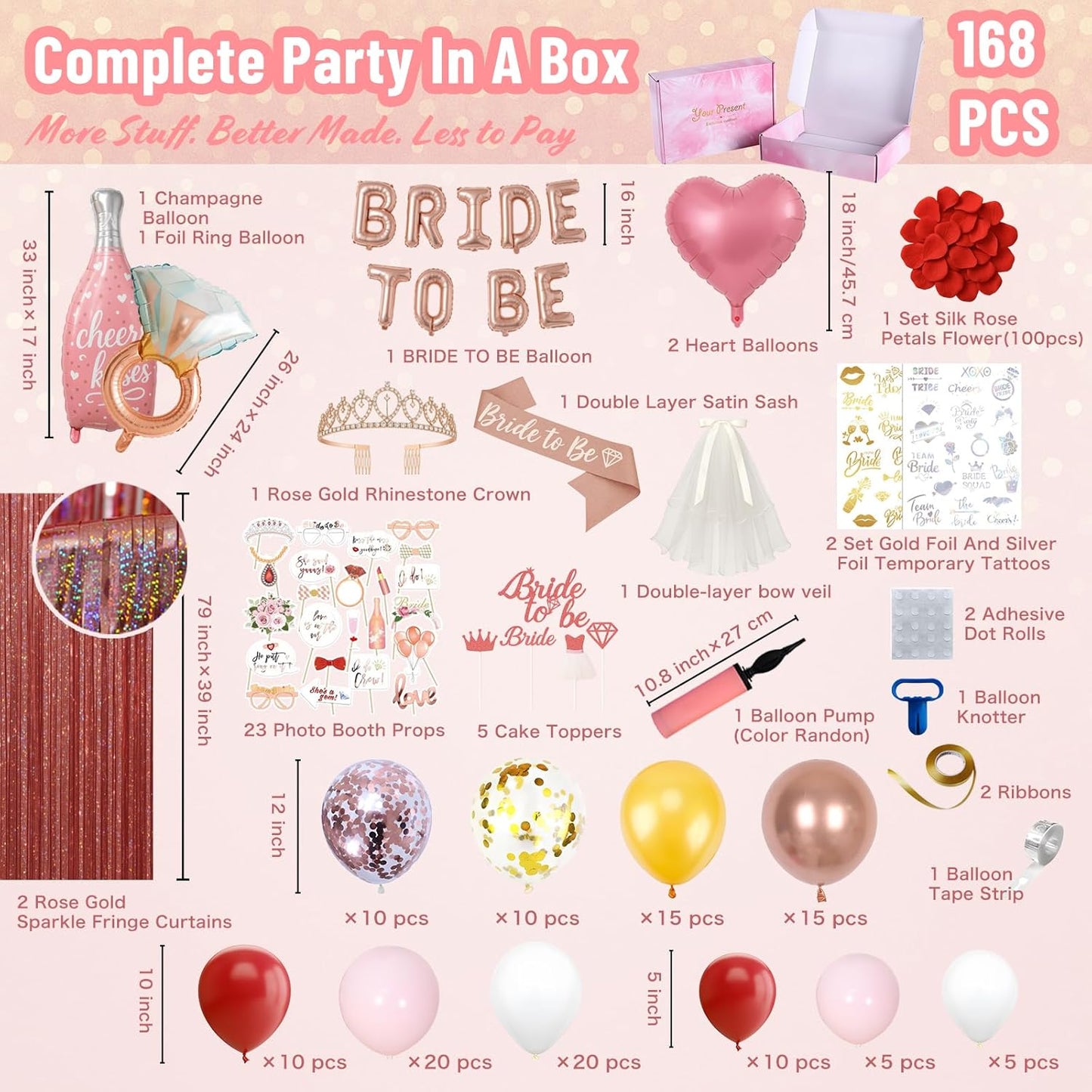168PCS Bridal Shower Decorations Kit – Rose Gold Bachelorette Party Supplies with Bride To Be Foil Balloon, Shoulder Sash, Veil, Crown, Balloons, Props, Fringe Curtains, Tattoos, Cake Toppers