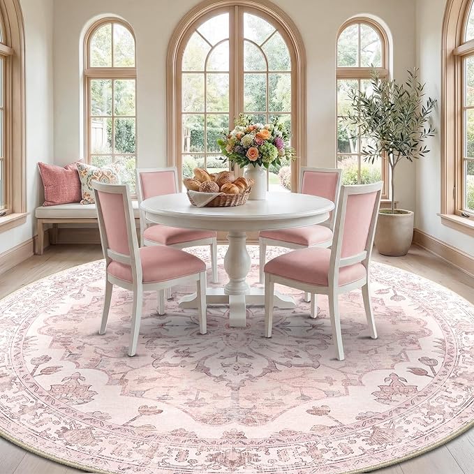 RELEANY Area Rugs Round 8ft Washable Non-Slip, Floral Vintage Distress Print - Image 3