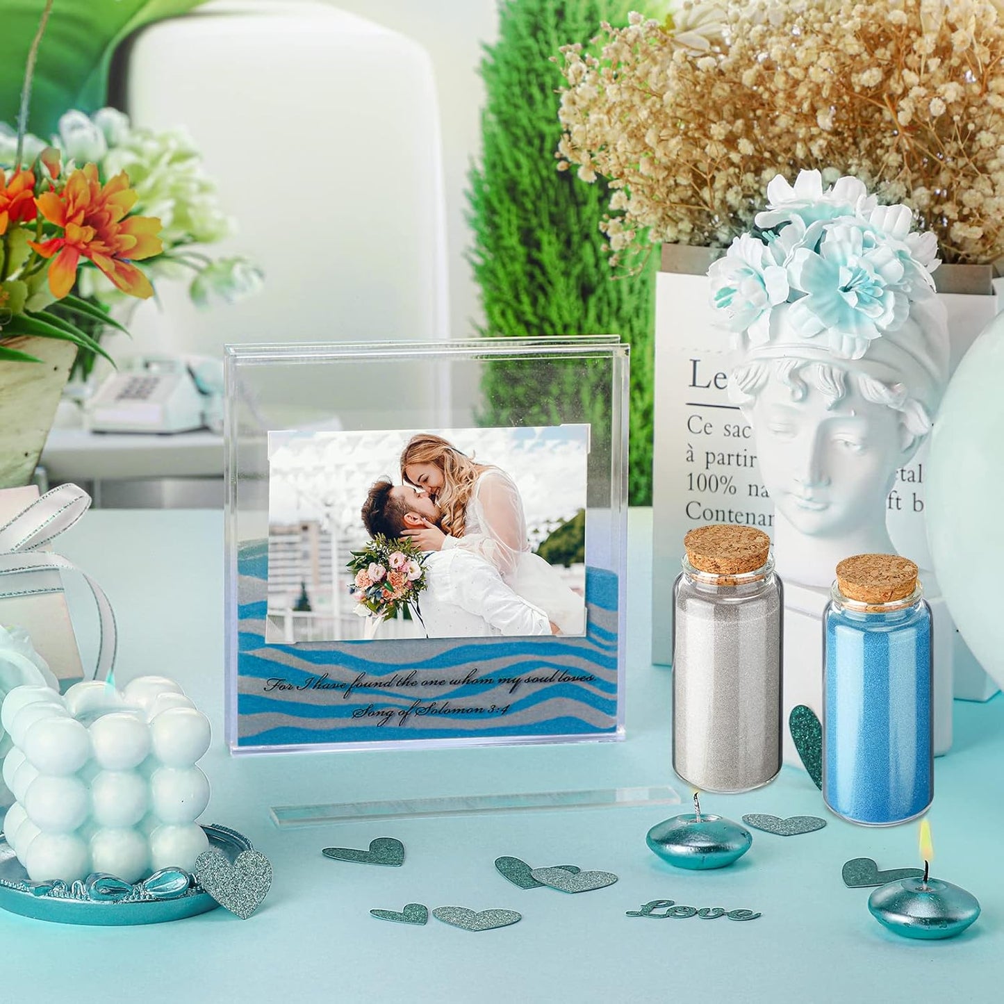 Sand Ceremony Kit for Wedding Includes Clear Acrylic Unity Sand Ceremony Photo Frame 2 Pack Photo Fixing Corner Stickers and 2 Glass Unity Holder for Wedding Home Decor(Blue, Gray)
