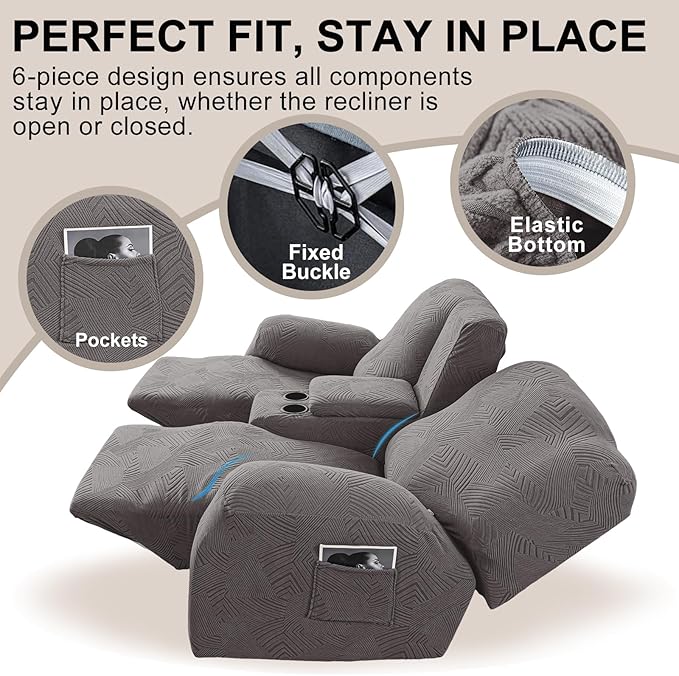 Recliner Loveseat Covers with Console, 6-Piece Stretch Geometric Strokes - Image 4