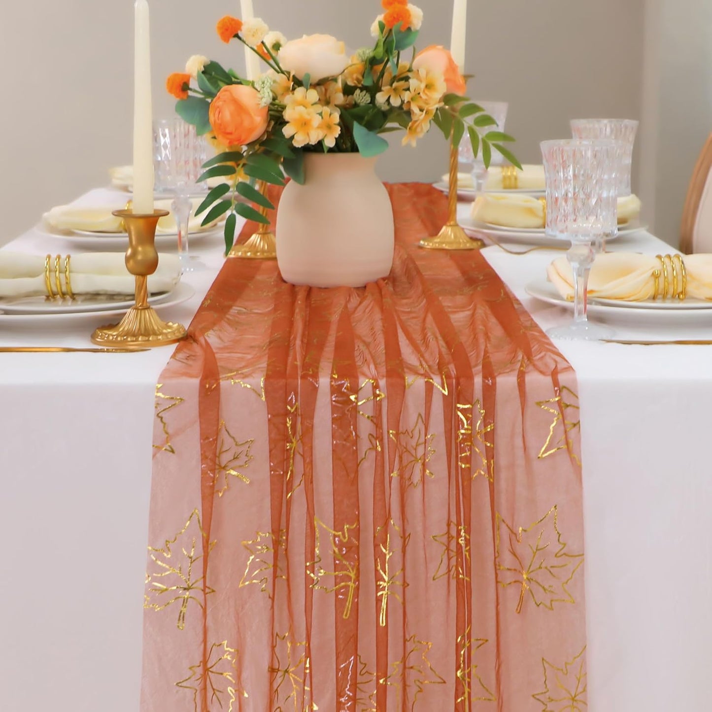 Snowkingdom Terracotta Gold Table Runner 10Ft, Gold Maple Leaves Burnt Orange Gauze Chiffon Runners 120 Inch, Fall Glitter Dining Table Centerpieces Decorations for Thanksgiving Autumn Harvest Party