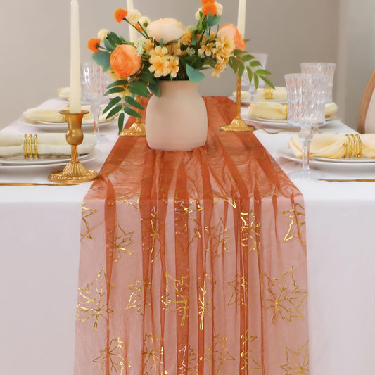 Snowkingdom Terracotta Gold Table Runner 10Ft, Gold Maple Leaves Burnt Orange Gauze Chiffon Runners 120 Inch, Fall Glitter Dining Table Centerpieces Decorations for Thanksgiving Autumn Harvest Party