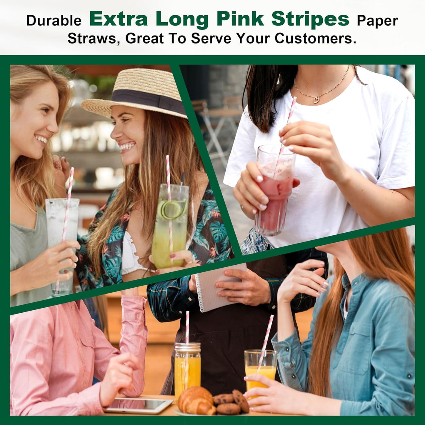 10.25" Long Pink/White Striped Disposable Paper Drinking Straws Bulk - Unwrapped [600 Counts]