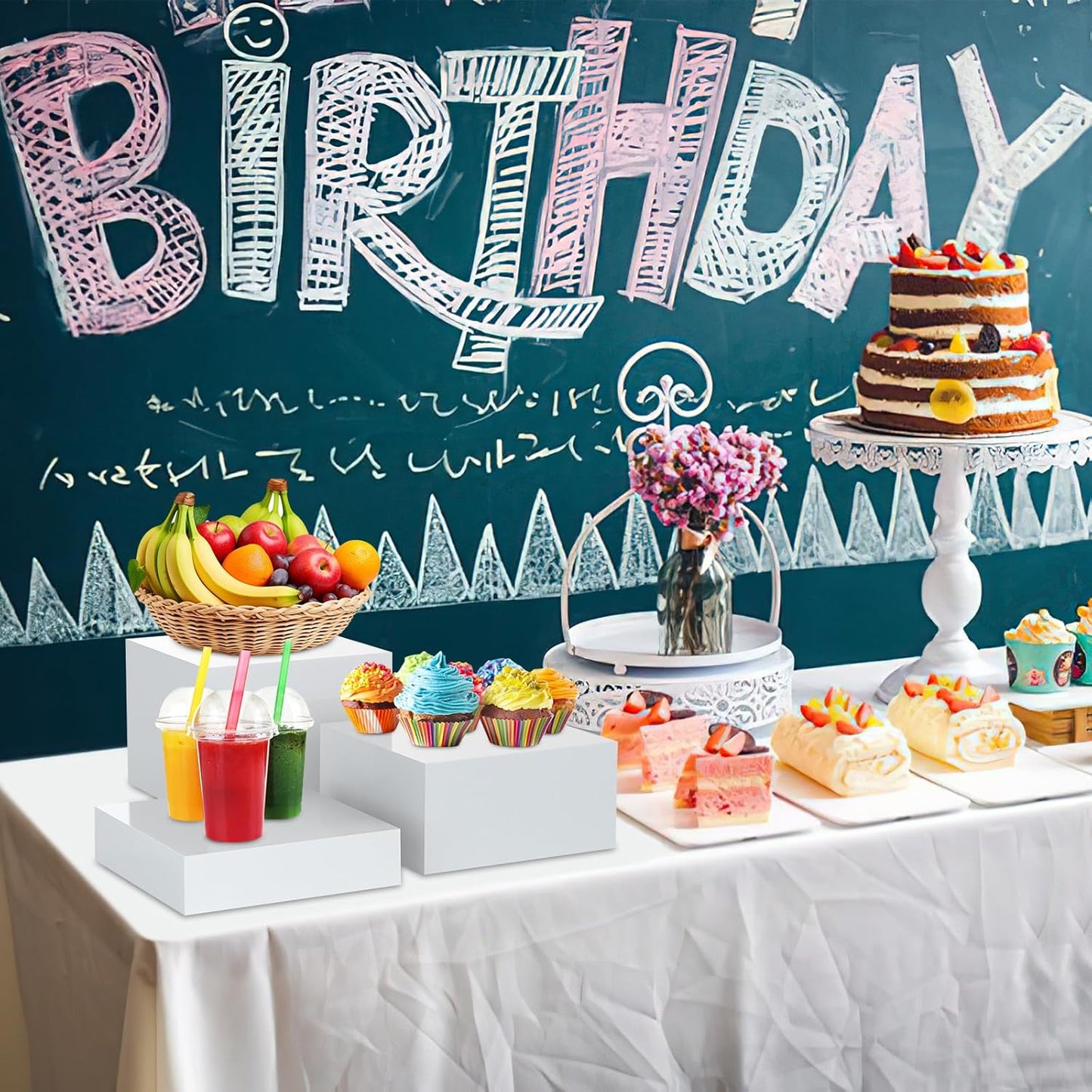 6Pcs White Buffet Risers, Acrylic Display Stand for Buffet Table Platter Parties Weddings Catering Dessert Collectibles Figures Show (6''x7''x8'')