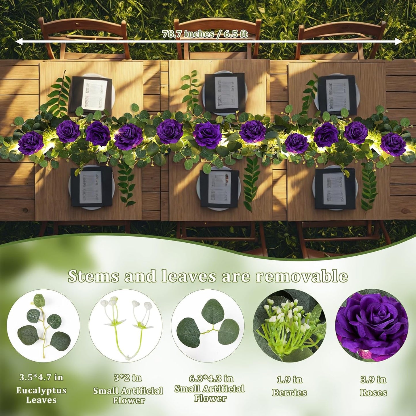 MACTING 2 Pack 13.2FT Eucalyptus Garland with Lights - Spring Gypsophila Flower Garlands with 24 Purple Roses Artificial Floral Greenery Vines for Arch Table Centerpieces Backdrop Party Wedding Decor