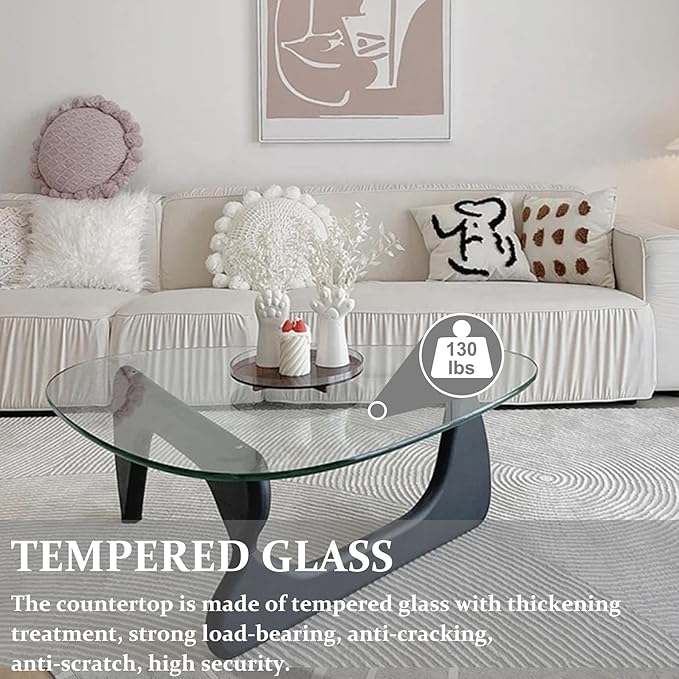 Mid-Century Modern Coffee Table, Tempered Glass Top & Natural Wood Base - Image 3