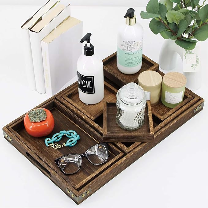 5-Piece Rustic Wooden Serving Tray Set, Handcrafted Nesting Trays - Image 5