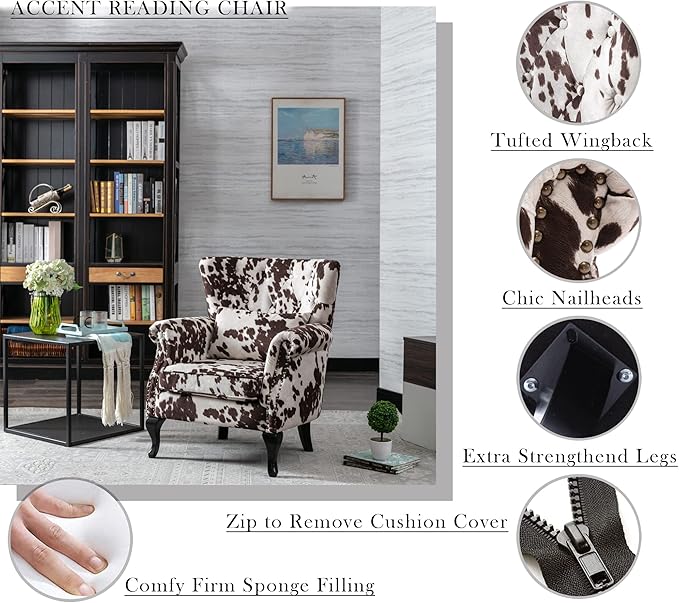 Mid Century Modern Accent Chair Upholstered Armchair Comfy Cowhide-Print Fabric - Image 3