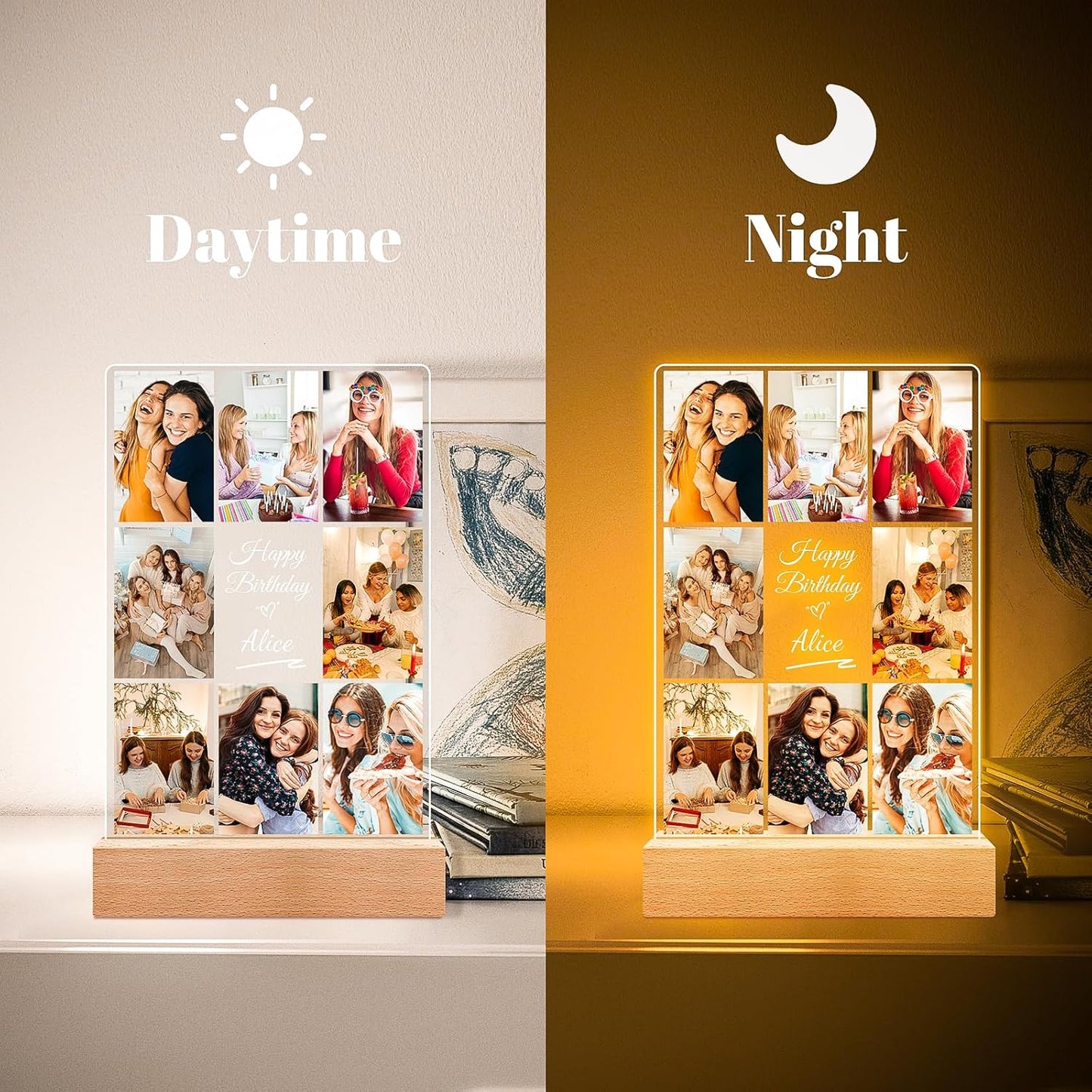 Custom Picture Frames with Photos, Personalized Photo Frame with Night Light, Customized Picture Frame, Personalized Birthday Gifts for Women, Men, Her, Him, Best Friends, Wife, Sister, Family