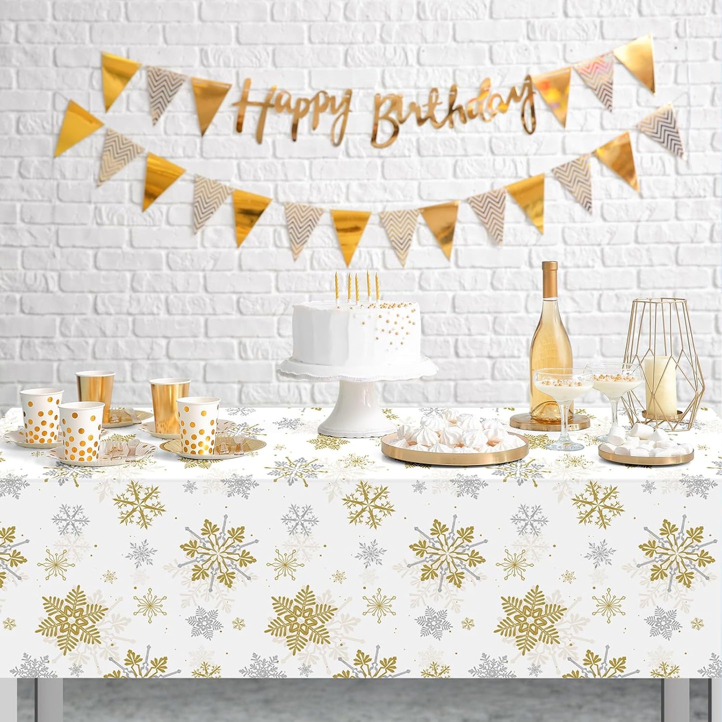 Jectivs 3Pcs Christmas Snowflake Party Tablecloths Decorations,Plastic White and Gold Table Cloth,Winter Rectangle Cover for New Year Birthday Baby Shower Holiday Decorations,54x108 inch