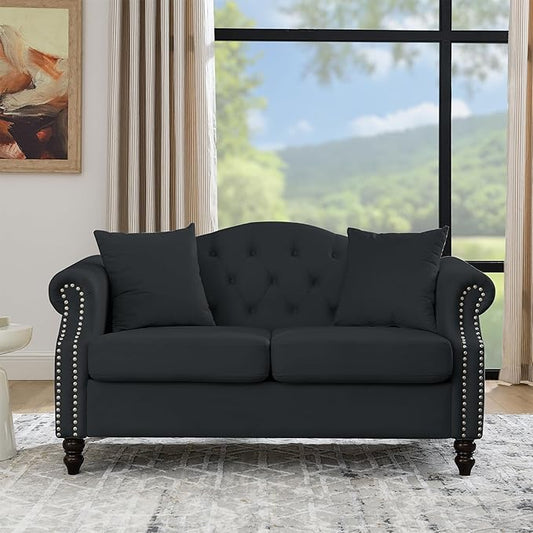 57" Chesterfield Black Velvet 2-Seater Sofa by Unknown