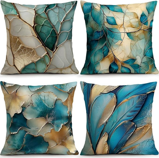 OBSEDE Teal and Gold Leaf Decorative Throw Pillow Covers 18x18 Set of 4 by OBSEDE