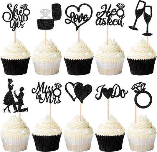 30 PCS He Asked She Said Yes Cupcake Toppers Glitter Engagement Cupcake Toppers Miss to Mrs I Do Love Heart Ring Miss to Mrs Cupcake Picks for Wedding Engagement Party Cake Decorations Supplies Black