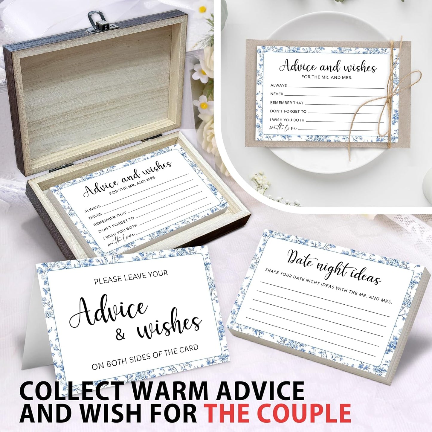 50 Pcs Advice and Wishes for the Mr and Mrs Cards in Box - Bridal Shower Guest Book - Perfect for Newlywed Games, Reception Decor, Engagement Parties & Anniversary Wishes(Vintage Floral) - B08
