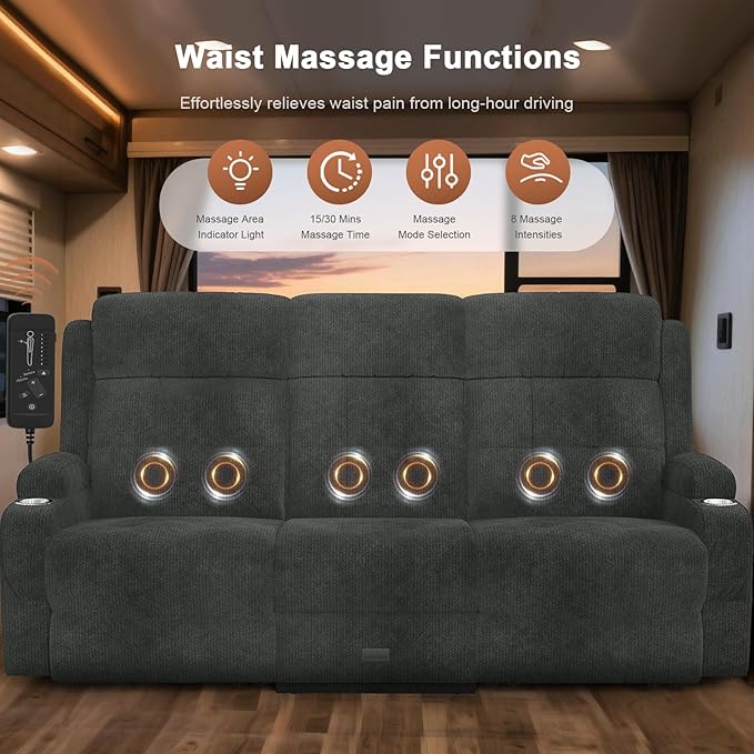 RV Loveseat Recliner Sofa, Massage Wall Hugger 3-Seater Recliners Couch - Image 4