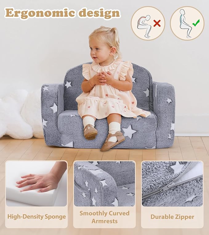 Kids Couch, 2-in-1 Soft Toddler Couch Fold Out - Image 7