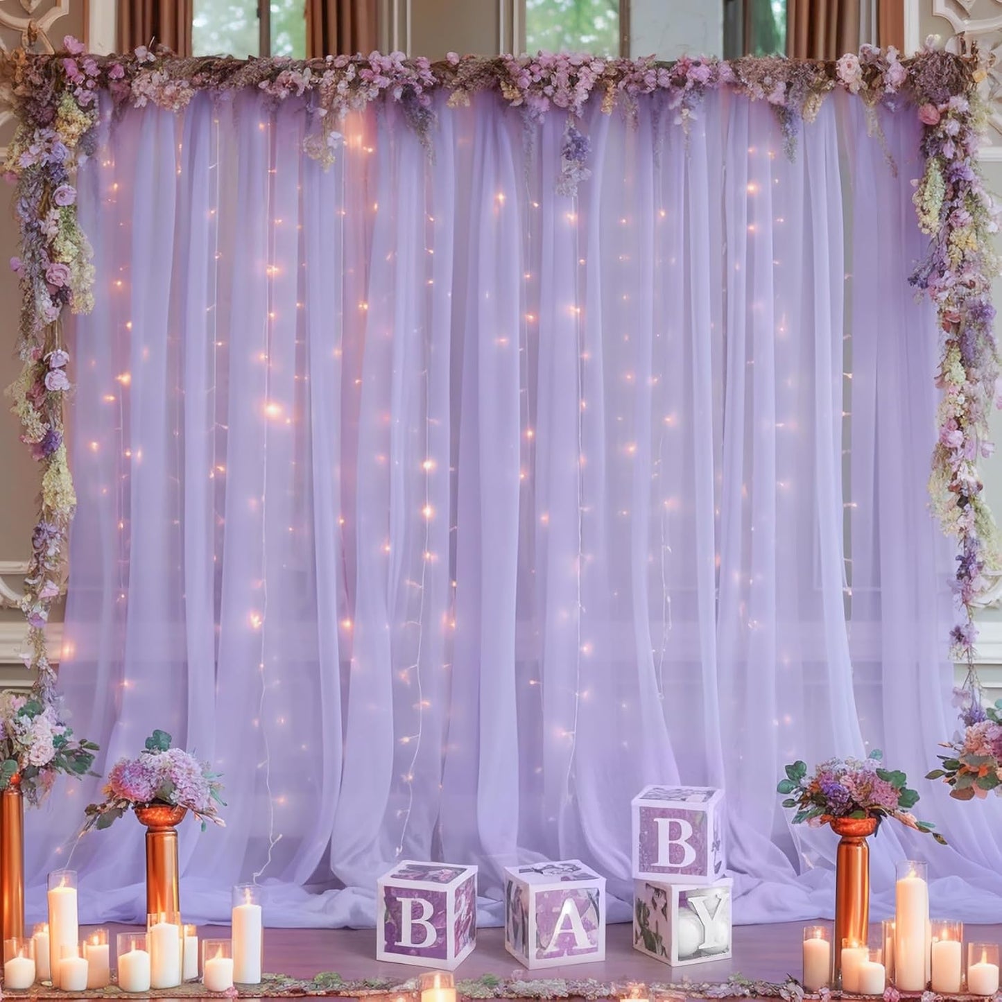 10x10ft Purple Tulle Backdrop Curtain with Lights String for Parites, Sheer Photo Backdrop Curtains with Lights for Wedding Backdrop Ceremony Reception Bridal Shower Baby Shower Birthday Party