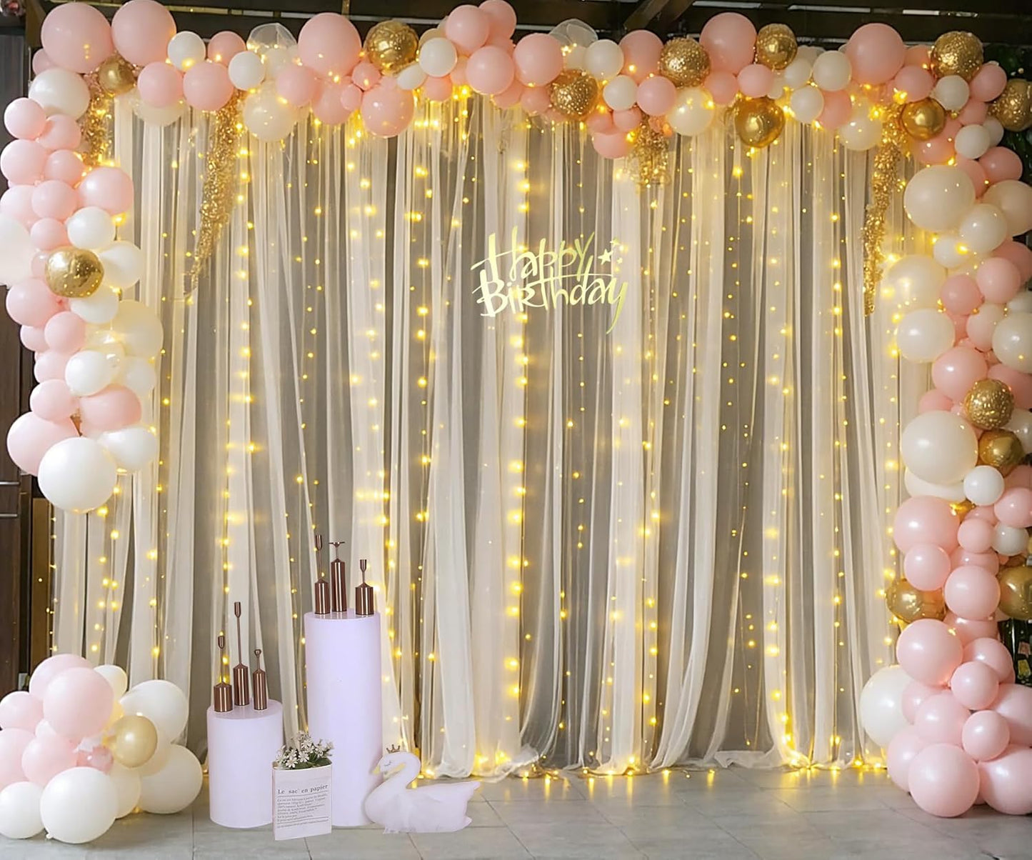 Champagne Backdrop Curtains with Lights String for Wedding Parties 10×10ft Sheer Tulle Backdrop Curtain for Bridal Shower Baby Shower Birthday Party Photo Shoot Decorations 2 Panels 5×10ft