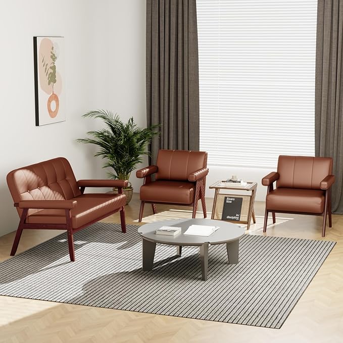 STHOUYN Brown Leather Accent Chairs Set of 2, Mid Century Modern Chair Set of 2 - Image 7