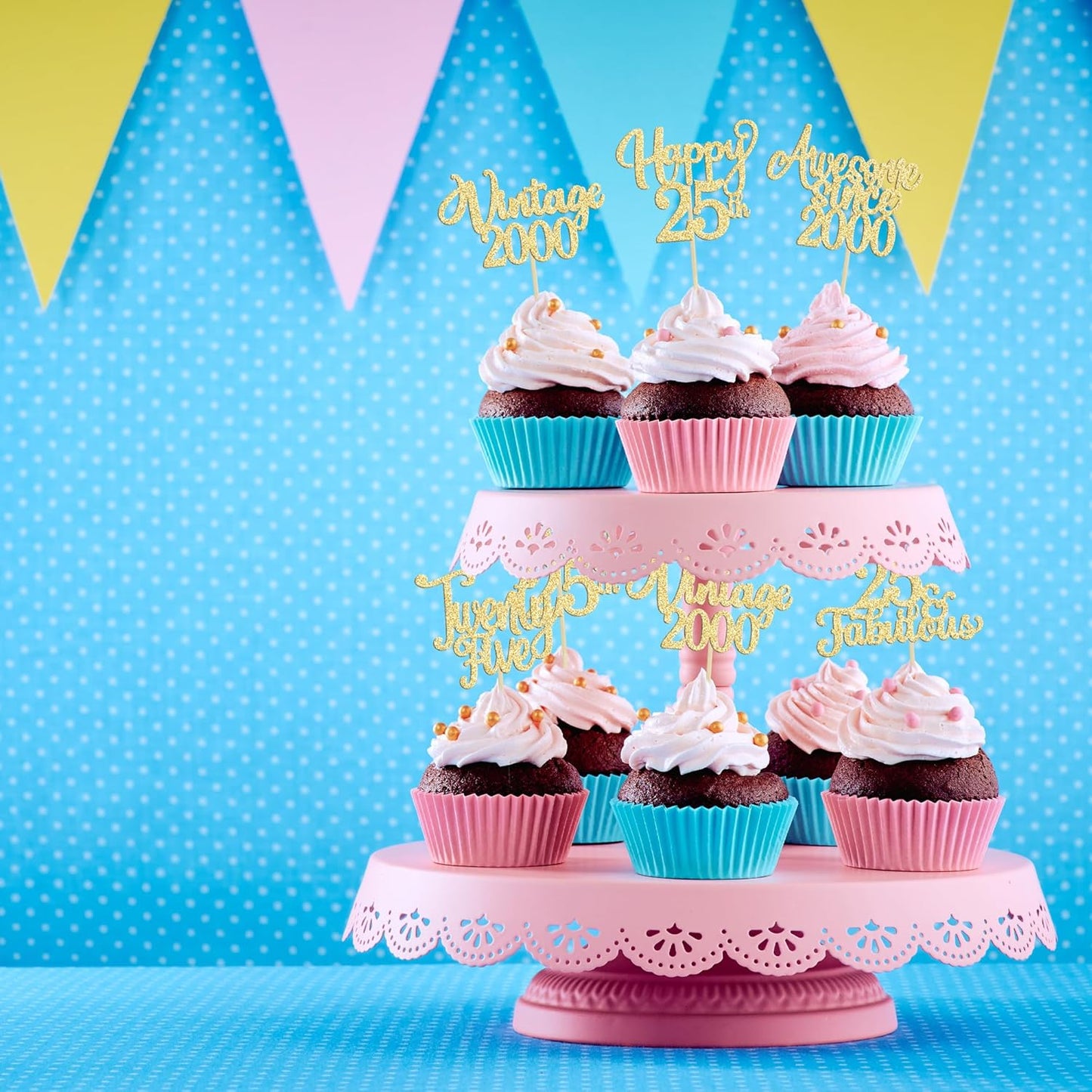 30Pcs Vintage 2000 Cupcake Toppers Glitter Twenty-Five Happy 25th Birthday 25 Fabulous Cupcake Picks Awesome Since 2000 Cake Decorations for 25th Birthday Anniversary Retirement Party Supplies Gold