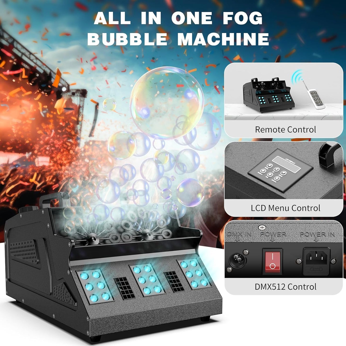 2000W Fog Machine, 3 in 1 Fog Bubble Machine with 2 Bubble Fans, 18 RGB LED Lights Smoke Bubble ALL IN ONE Fog Machine, Bubble Machine for Halloween Christmas Party Wedding, 3 Pack