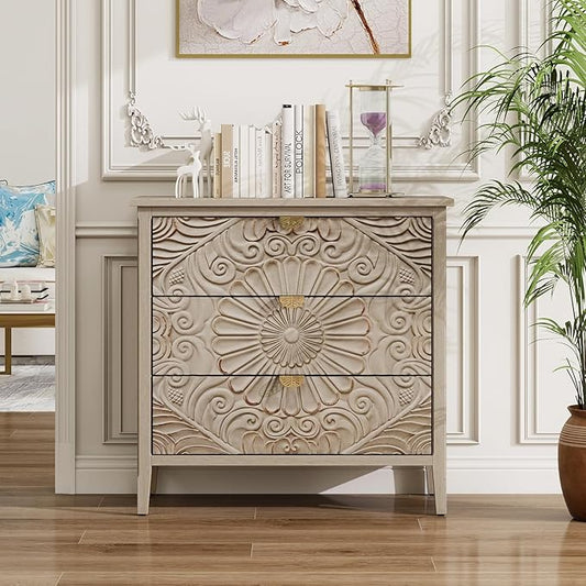 Carved 3 Drawer Cabinet with Floral Pattern & Gold Handles, 31.5" W Distressed by LFGUIZO