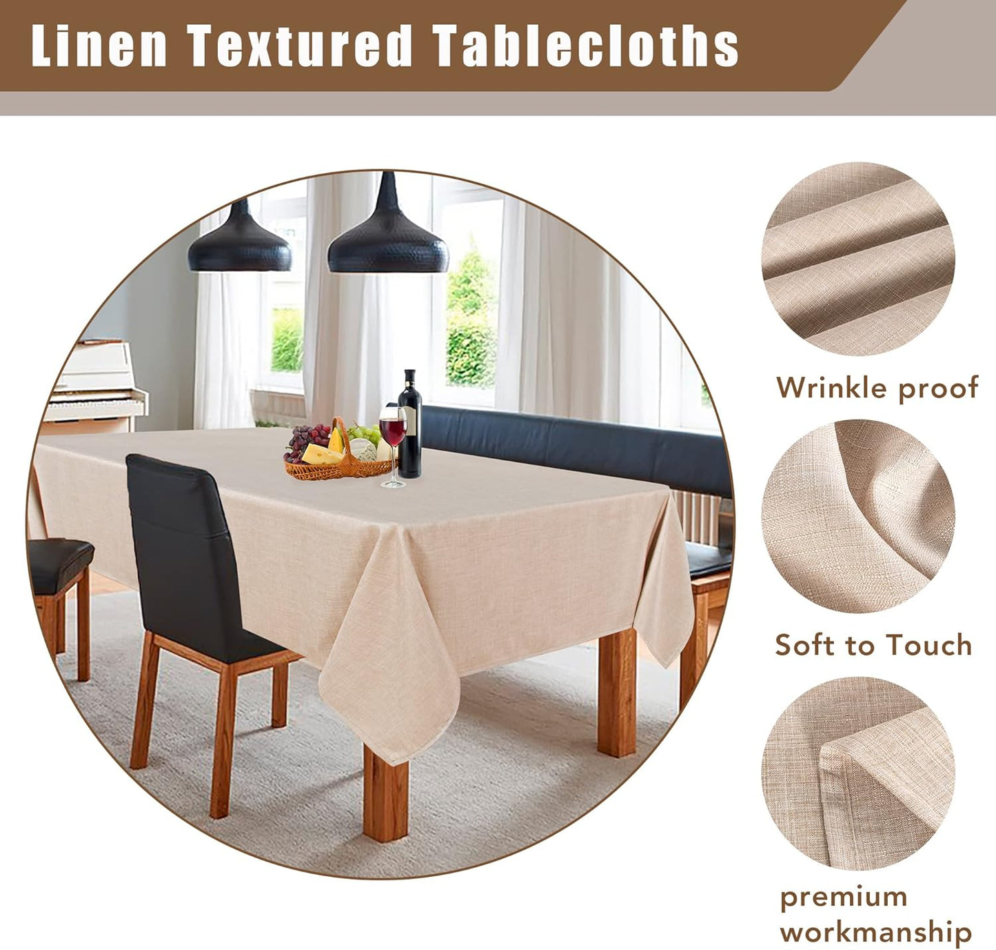 Fitable Beige Faux Linen Tablecloth 54 x 78 Inch - Wrinkle Resistant Fabric Rectangle Table Cloth, Indoor Outdoor Table Cover for Kitchen Dining, Camping, Farmhouse