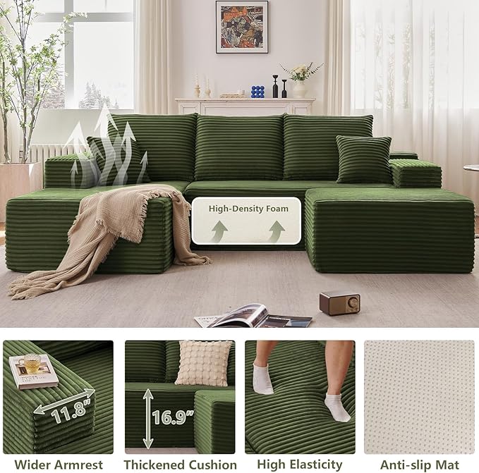 107" Comfy U-Shaped Sectional Modern Boneless Corduroy Couch - Image 4