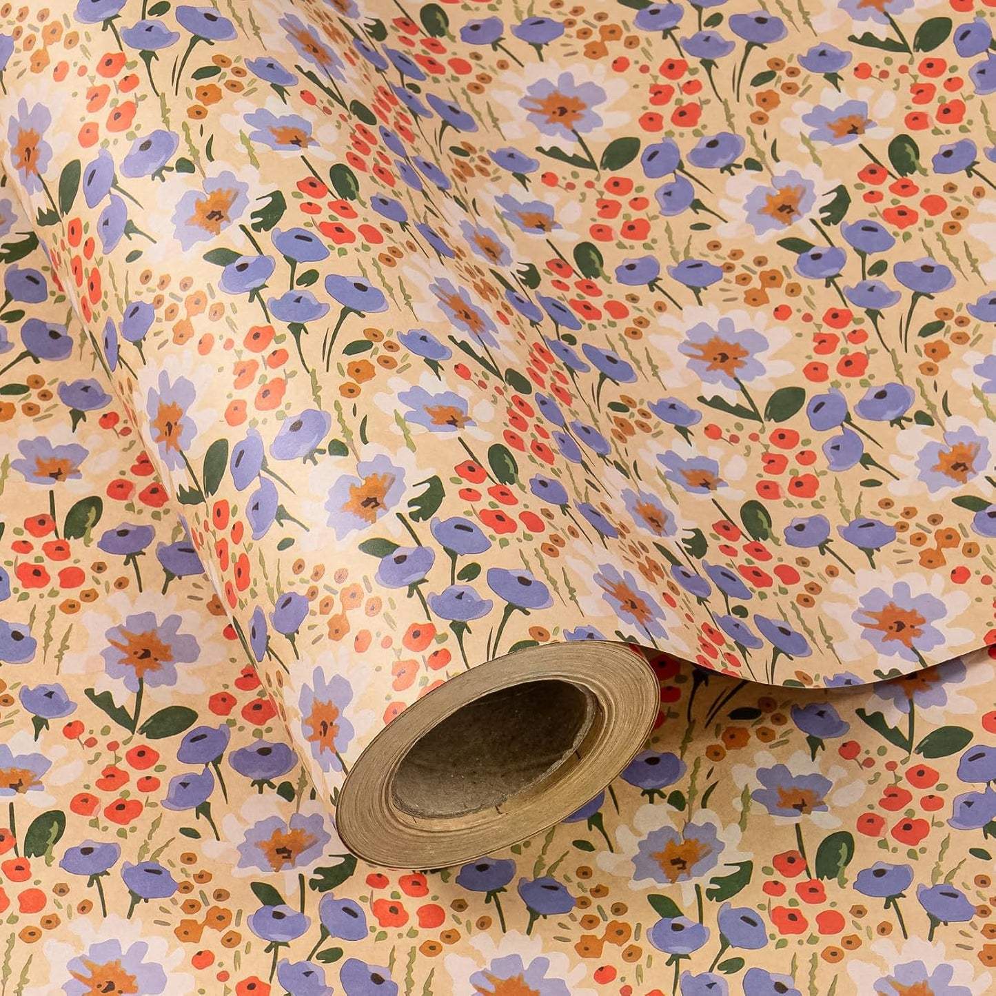 WRAPAHOLIC Kraft Floral Wrapping Paper Roll - Mini Roll - 17 Inch x 33 Feet - Watercolor Flower Wrapping Paper, Perfect for Wedding, Birthday, Bridal Shower, Tea Party