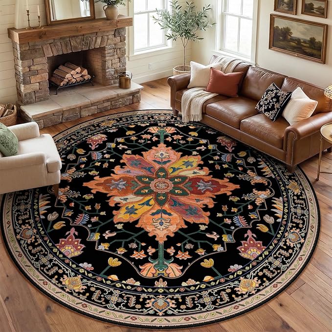 RELEANY Area Rugs Round 8ft Washable Non-Slip, Floral Vintage Distress Print by RELEANY