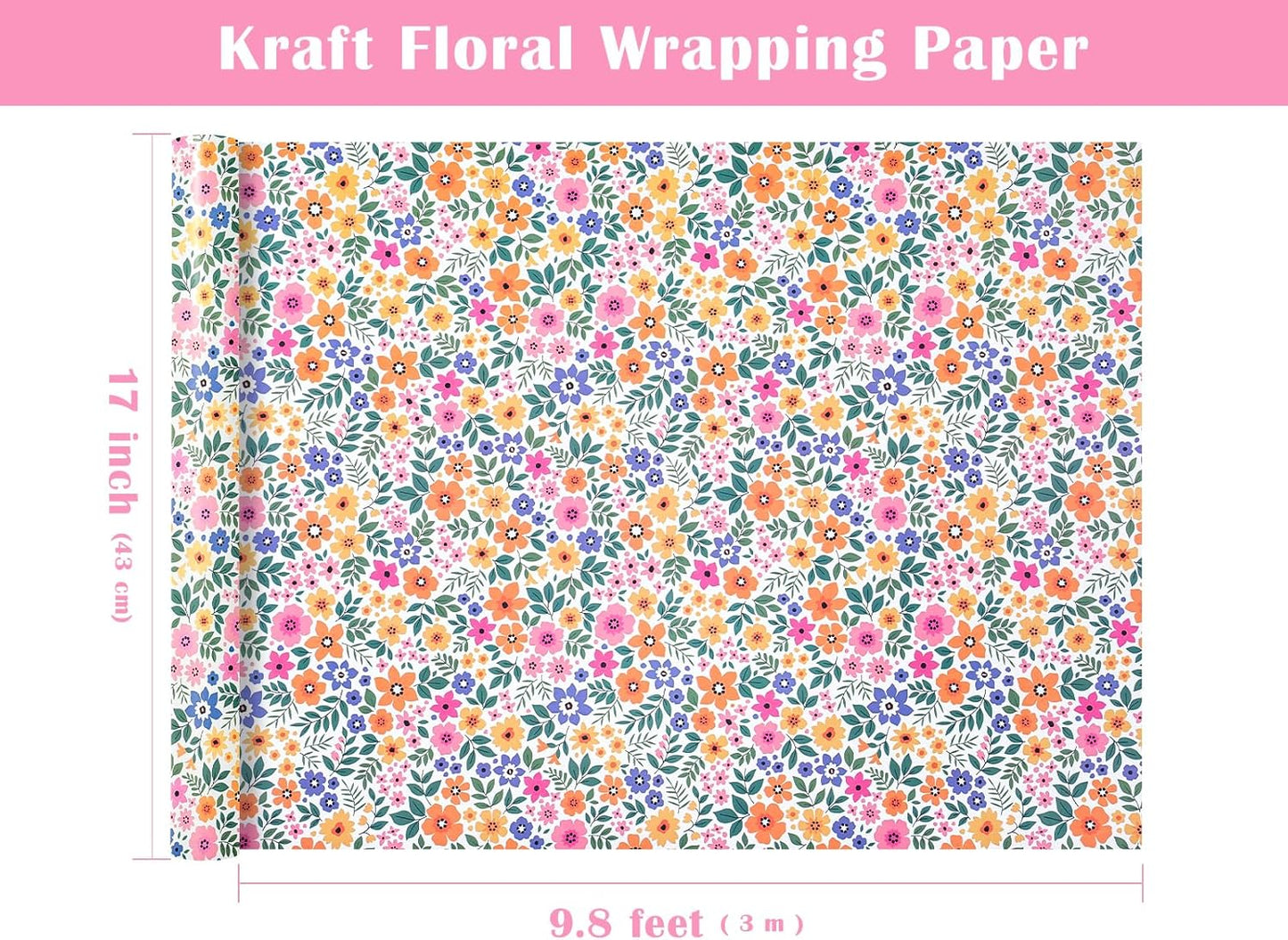 WRAPAHOLIC Kraft Floral Wrapping Paper Roll - Mini Roll - 17 Inch x 9.8 Feet - Ditsy Flower Wrapping Paper, Perfect for Wedding, Birthday, Bridal Shower, Tea Party