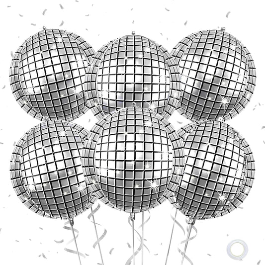 6Pcs Giant 4D Disco Ball Balloons, Sparkle Silver Disco Party Decorations, 22 Inch Round Foil Balloons for NYE 2025 Birthday Party Baby Shower Wedding Decorations