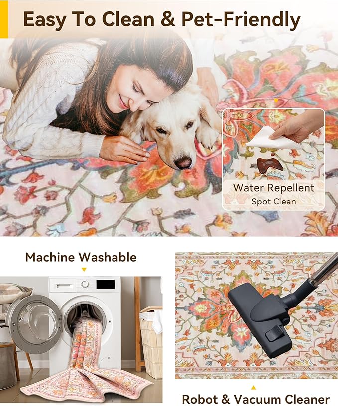 RELEANY Area Rugs 3'x4' Washable Non-Slip, Floral Vintage Distress Print - Image 3
