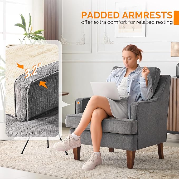 VINGLI Mid-Century Modern Accent Chair, Light Grey Upholstered Armchair Comfy - Image 6