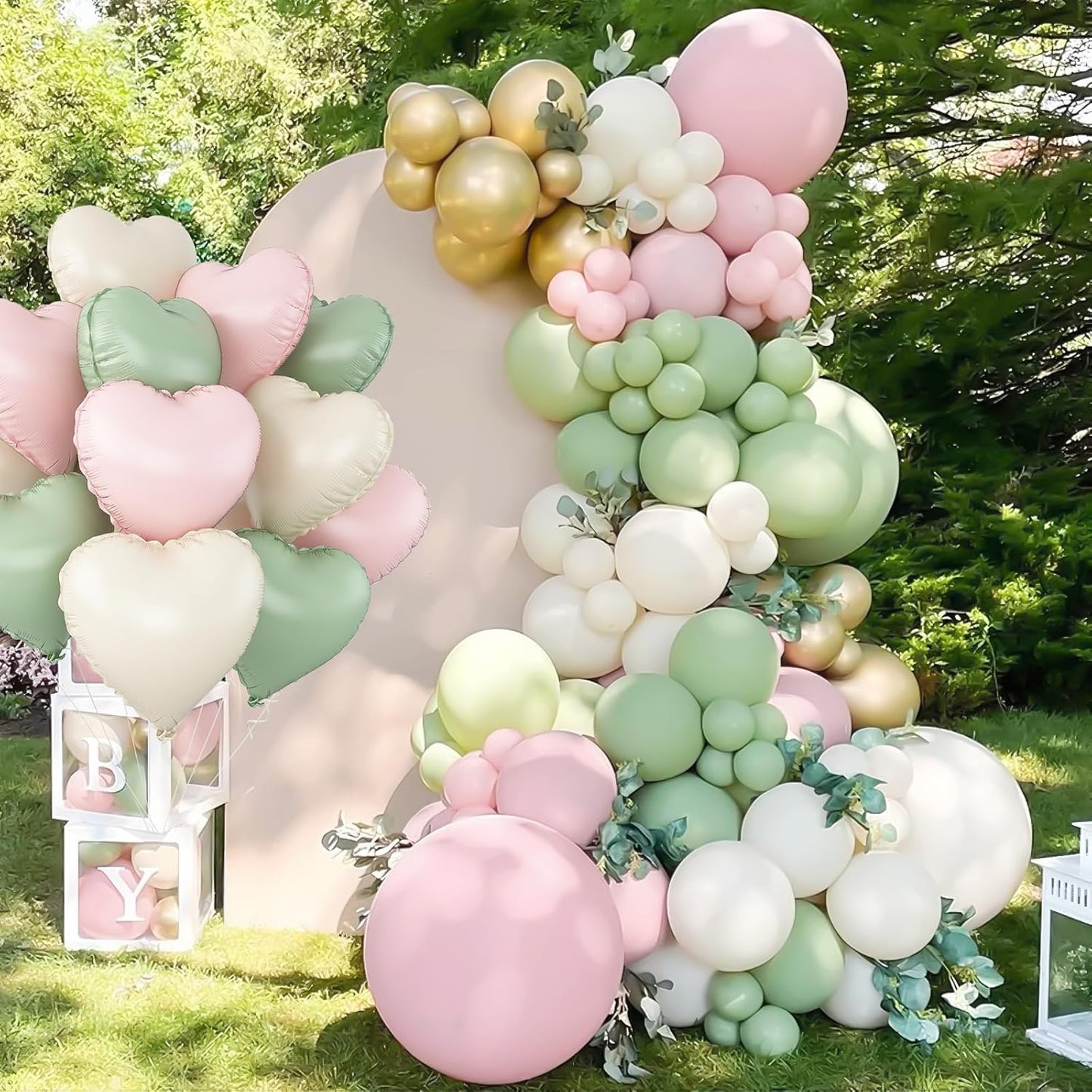 Pink Green White Heart Balloons,12Pcs 18Inch Cream White Baby Pink Sage Green Heart Shaped Foil Helium Balloons for Baby Shower Birthday Anniversary Wedding Engagement Party Decorations