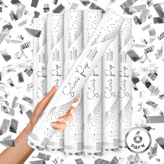 SILVER Confetti Poppers - 16" BIODEGRADABLE SILVER Confetti Cannon (Silver Party Poppers/Glitter/Bomb) Compressed Air Popper, Loud POP, For Wedding Send Off, Wedding Supplies, Birthday Party