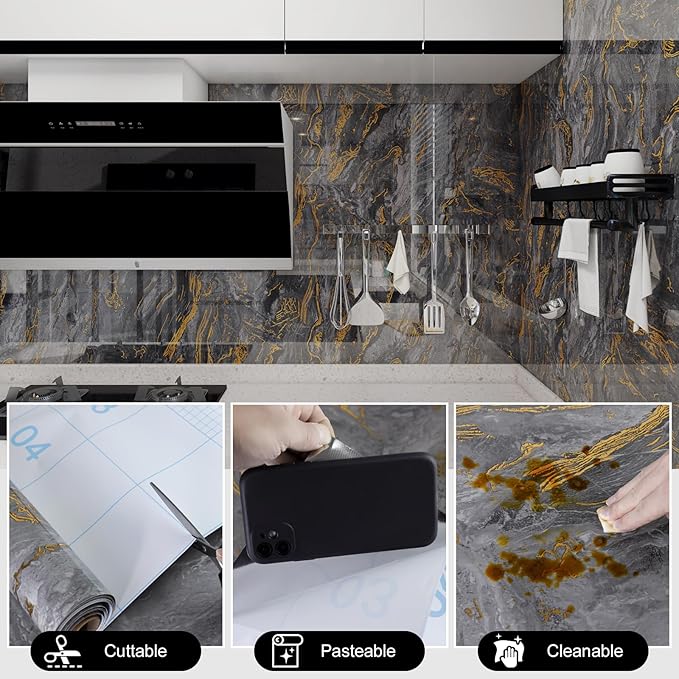 Grey Gold Marble Contact Paper for Countertops 15.7" X 78"Glossy Peel and Stick - Image 4