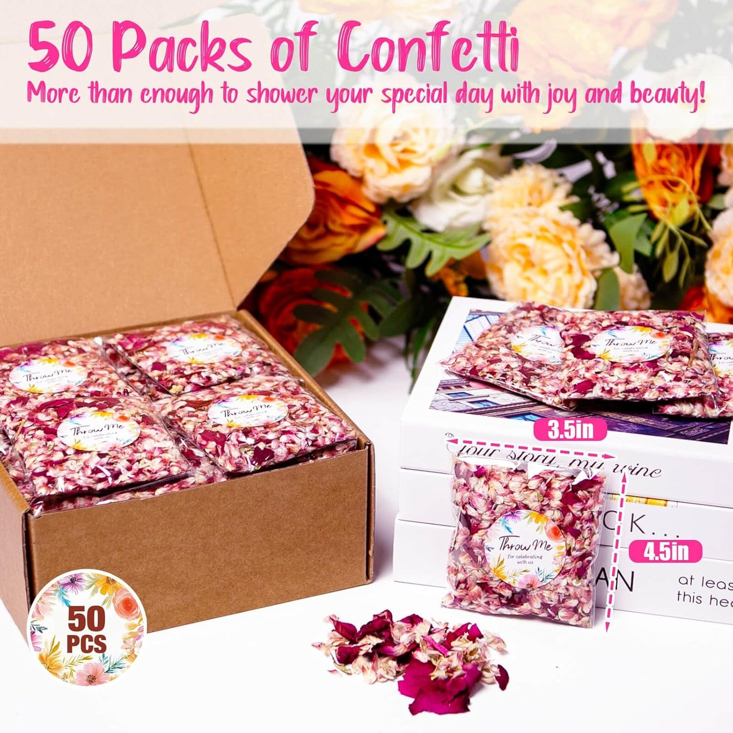 50 Pack Real Dried Rose Flower Petals Biodegradable Confetti, Dried Mix Red Rose Begonia Pink Flower for Wedding Send-Off Ideas Flower-girl basket, Wedding Decor Confetti, Exit Ideas