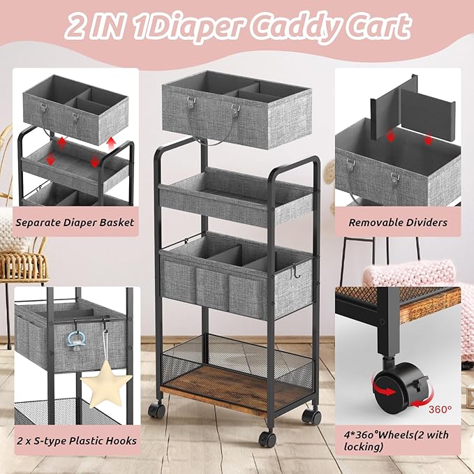 LIDTOP 2In1 Baby Diaper Caddy & 3-Tier Rolling Diaper Cart, Diaper Caddy - Image 6