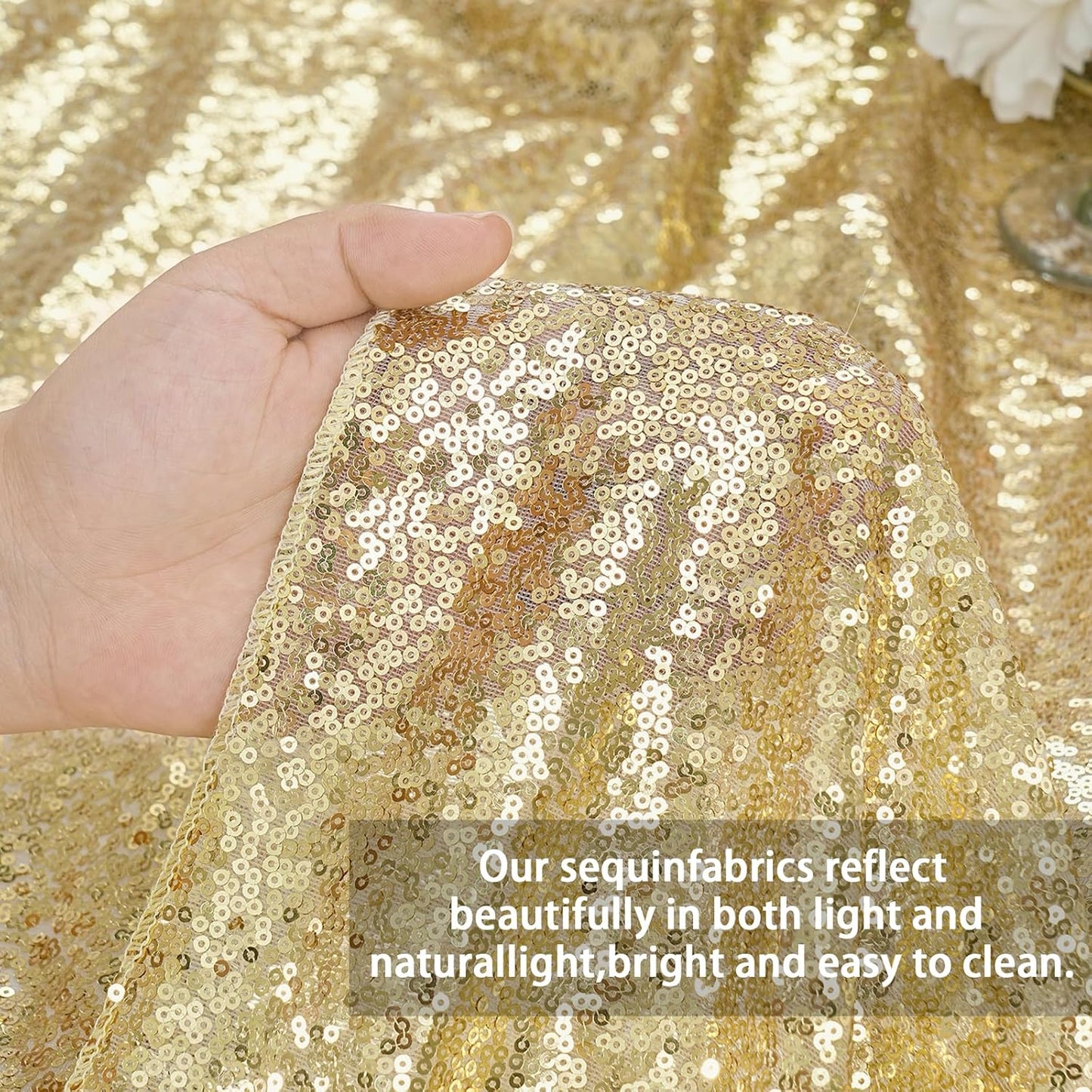 QueenDream Light Gold Party Decorations Sequin Tablecloth: Glitter Overlay 90x90 Inch Table Drapes for Banquet Wedding Theme Party Planners