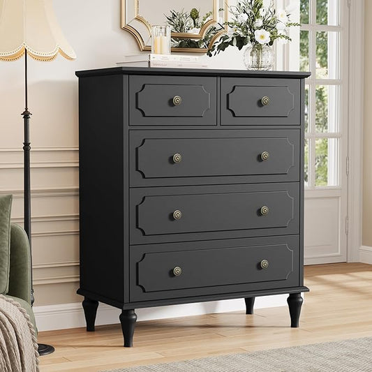 Black Dresser for Bedroom with 5 Drawers, Vintage Tall Dresser with Smooth by Home