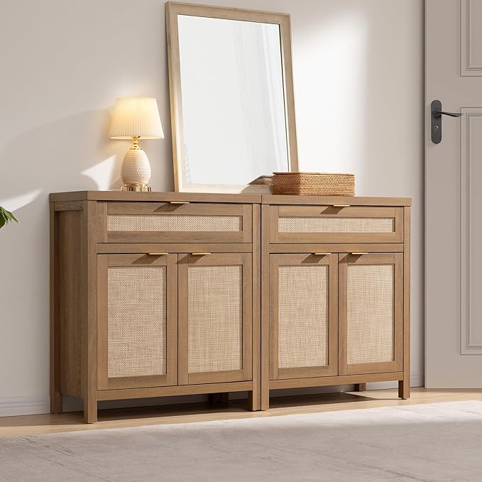 SICOTAS Sideboard Buffet Cabinet Set of 2, Rattan Credenza Storage Cabinet - Image 10